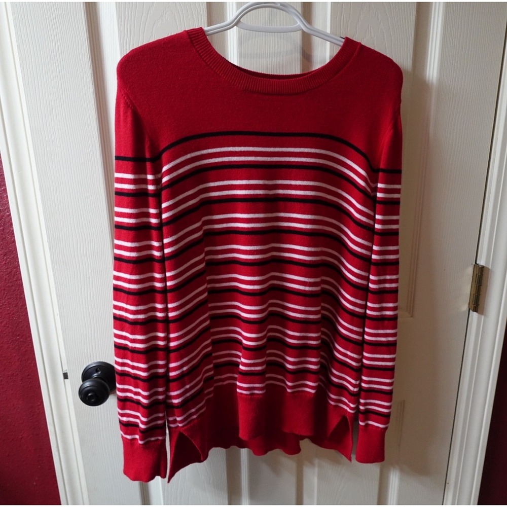 Liz Claiborne Womens XL Red Striped Cotton Crewneck Sweater Long Sleeve Pullover